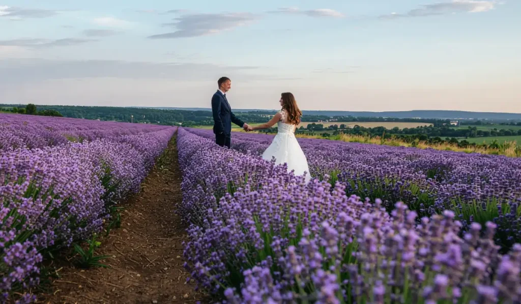 A bride and groom in wedding attire posing amidst rows of blooming lavender.